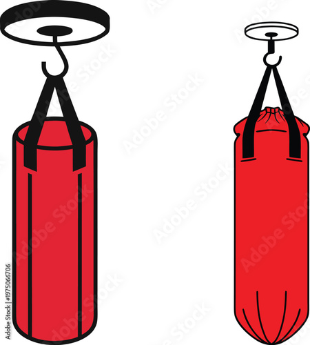 Boxing bag set punching bag hanging sports equipment vector illustration.