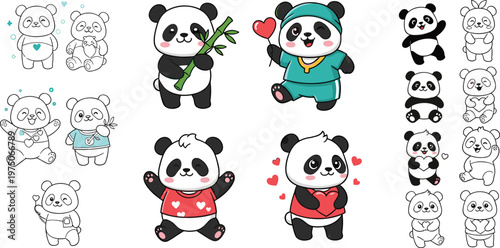 Cute Panda Set with Various Poses and Expressions for Animal, Cartoon, and Fun Design Projects
