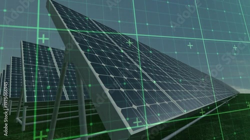 Camera starting low between panels, moving along ground-mounted solar arrays with HUD inspecting