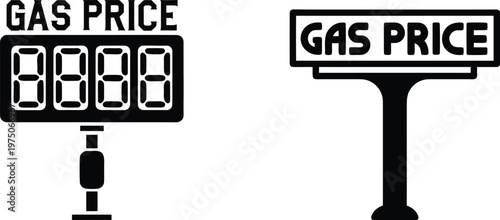 Gas price digital display and billboard sign vector icons for fuel cost information and petroleum industry.