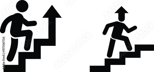 Man walking up stairs with arrow icons representing career advancement and progress towards success.