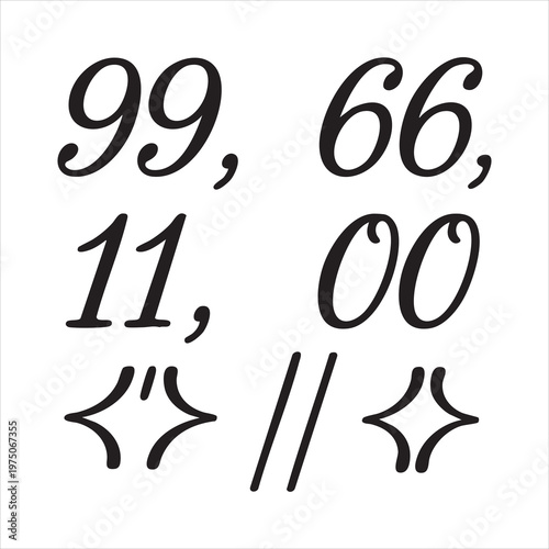 Calligraphy numbers and punctuation symbols in elegant script font