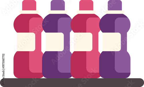 Four colorful juice bottles with blank labels standing on a dark shelf icon