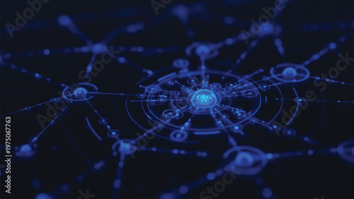 Blue digital network map with interconnected nodes and glowing circular interfaces representing global data infrastructure and cybersecurity systems in dark virtual environment.