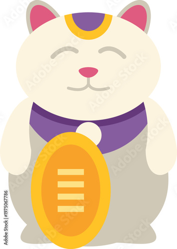 White maneki neko beckoning cat holding a gold koban coin for good fortune
