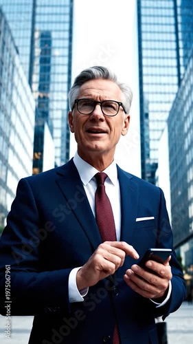A mature businessman in a professional suit uses a mobile device while standing in a modern urban financial district