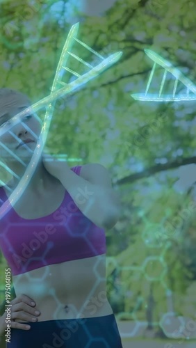 Vertical video: Fitness runner moving, showing DNA overlay, stopping, stretching neck, easing pain