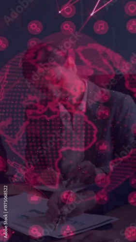 Vertical video: Man leaning over meeting signing docs after business review red globe overlaying