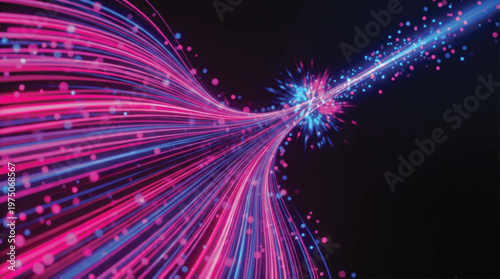Obraz na płótnie Dynamic neon pink and blue light streaks converging into bright central point with motion blur and glowing particles representing high speed data transfer and warp speed travel