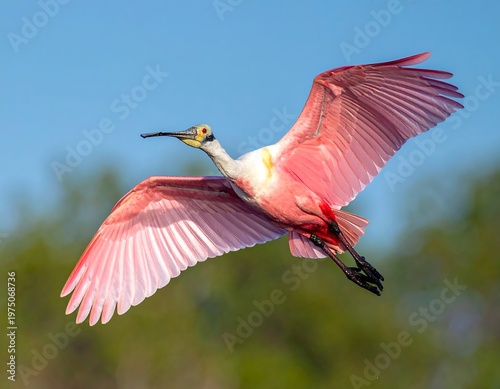 A vibrant bird in mid-flight against a clear blue sky. Its expansive, pink wings are fully extended, showcasing detailed feather structure