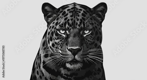 Stunning black jaguar portrait illustration with intense white eyes, showcasing its dark fur and subtle rosette patterns. Powerful majestic wild big cat.