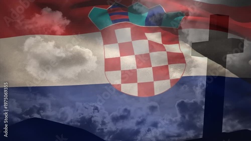 Animation of christian cross and flag of croatia