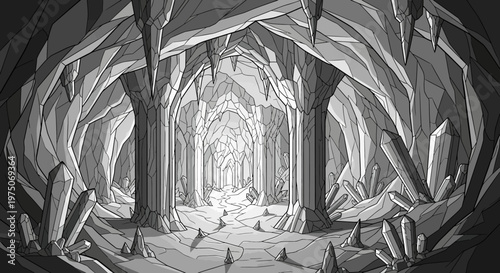 Mysterious crystal cave interior with a pathway leading to light, an ancient underground cavern landscape illustration