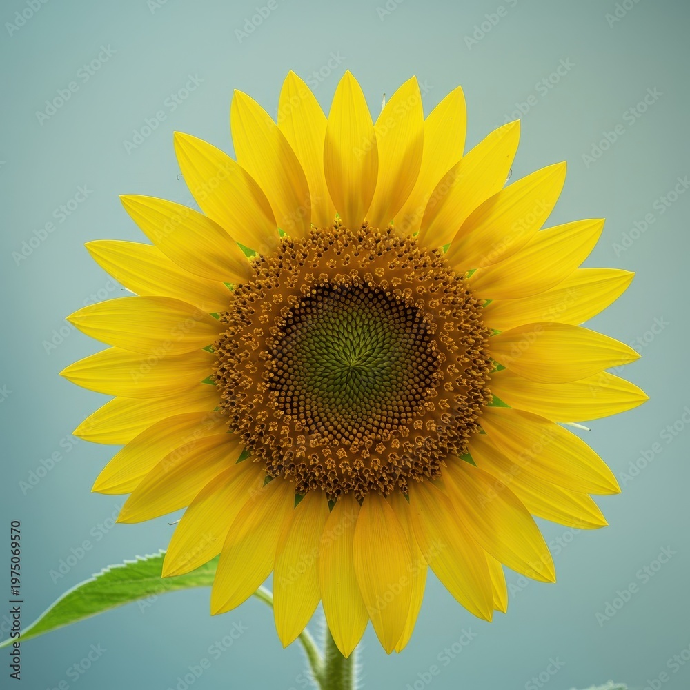 Fototapeta premium Bright yellow sunflower head centered against a smooth, blurred pale blue background providing excellent space for text or overlay, backdrop, empty, large