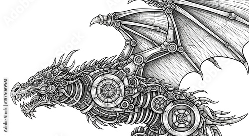 Highly Detailed Steampunk Dragon Illustration. Intricate Mechanical Fantasy Creature with Gears, Cogs, and Powerful Wings. Monochrome Art.