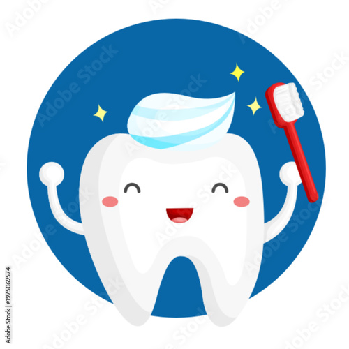 Happy cartoon tooth with toothbrush and toothpaste, promoting dental hygiene and a bright smile