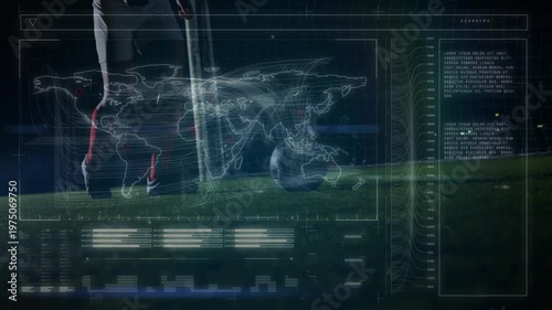Animation of data processing over caucasian football player on football pitch