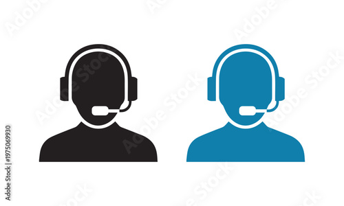 Customer support icon set black and blue headset operator illustrations