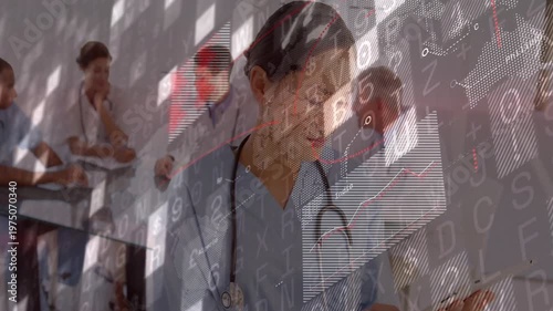 Nurse tapping device in medical meeting, animated charts across frame showing data for team review