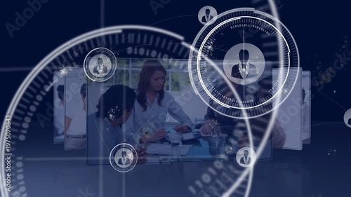 Panels rotating revealing business team at table, HUD rings appearing right aligning badges for ID