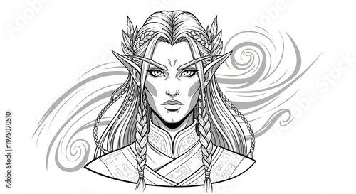Detailed black and white illustration of a majestic fantasy elf character with braided hair, pointed ears, and a crown. Mythical portrait art.