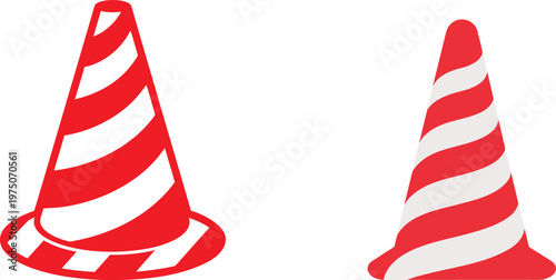 Traffic cones set construction warning safety equipment orange and white striped road cones vector illustration.