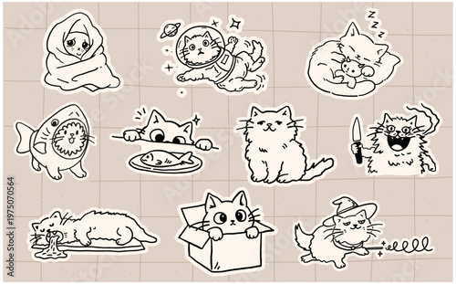 Funny cat sticker set black and white hand drawn kawaii cats quirky chaotic meme style cozy aesthetic planner stickers whimsical nursery scrapbook diary vector isolated on white background beige tones