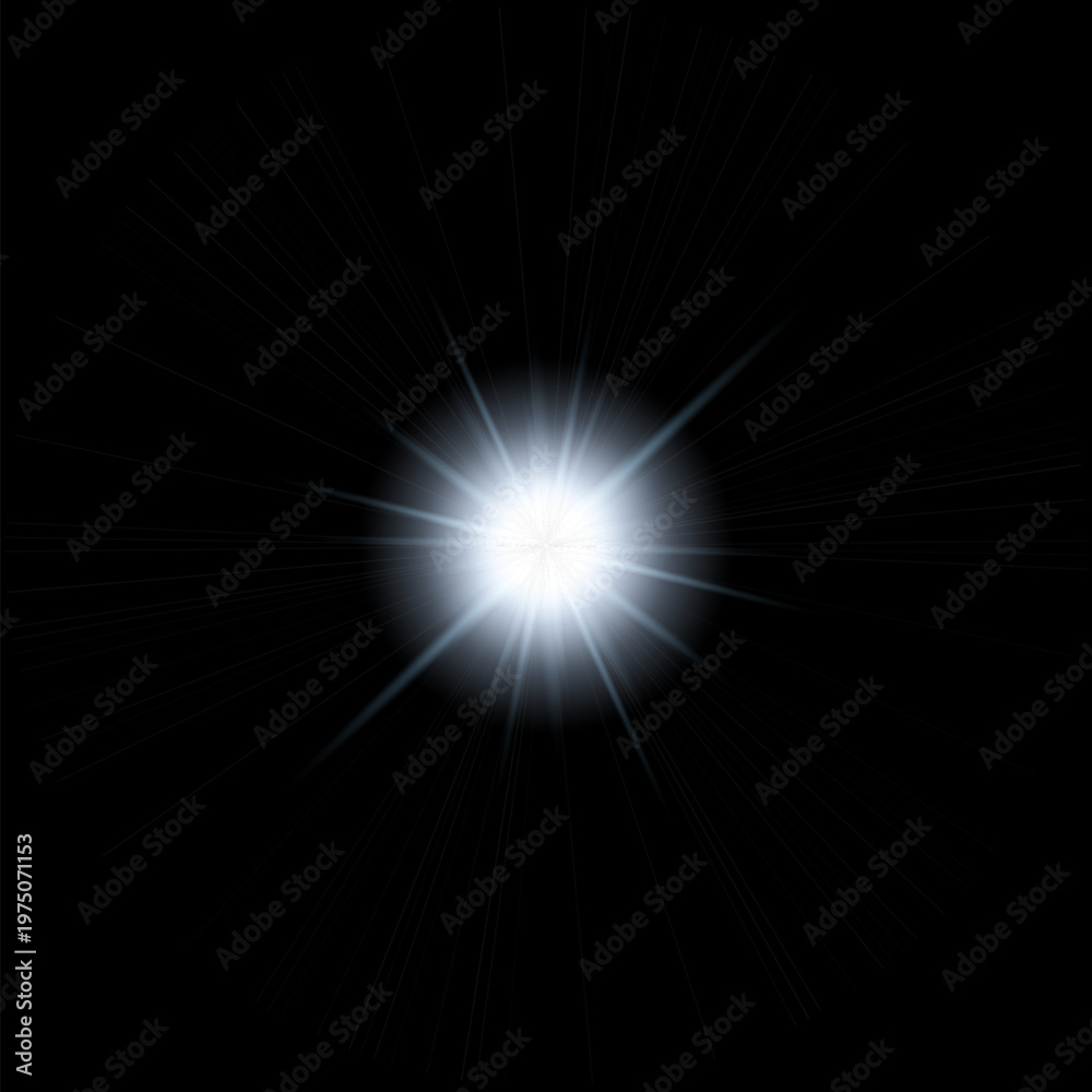 Fototapeta premium White Starburst Light Effect with Radiating Glow Rays, Abstract Lens Flare on Black Background
