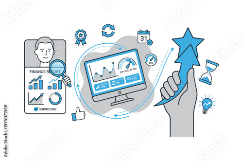 Business growth and financial analysis with charts and optimization metrics