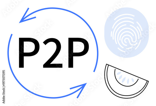 Peer-to-peer networking, digital security, authentication, data exchange, fintech, blockchain. Circular arrows, P2P text a fingerprint and geometric shapes. Peer-to-peer networking and digital