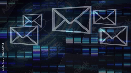 Animation of envelope icons and data processing on black background