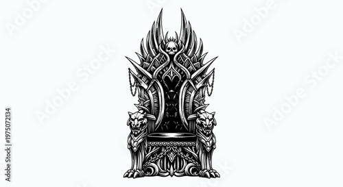 Intricate fantasy throne artwork with skull and wings. Black and white graphic of a powerful, regal, gothic-style chair.