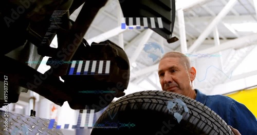 Auto mechanic inspecting hub, lifting and aligning rim onto studs with HUD overlays guiding fit