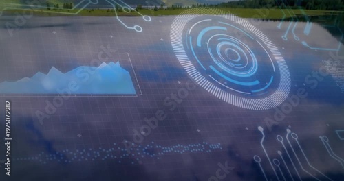 Pulsing holographic HUD revealing lakeside and mountains, showing radial display and area chart