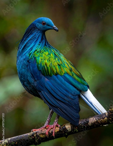 A vibrant bird, predominantly blue with green and gold accents, perches regally on a branch, showcasing iridescent feathers. Its eyes are red