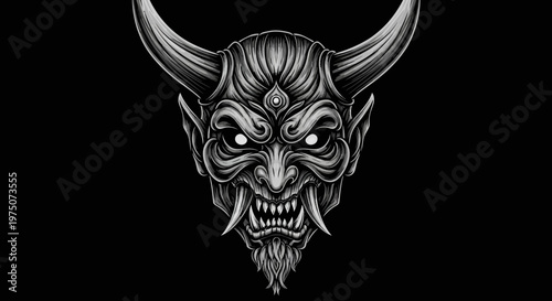 Intricate Grayscale Illustration of a Fierce Horned Demon Mask with Glowing Eyes and Sharp Fangs on a Dark Background