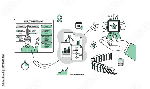 Software deployment process with tasks, charts, and a CPU chip on a hand