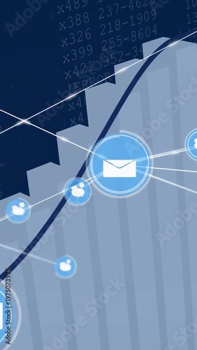 Vertical video: Main envelope node pulsing and sending links out, showing email flow over tech bars