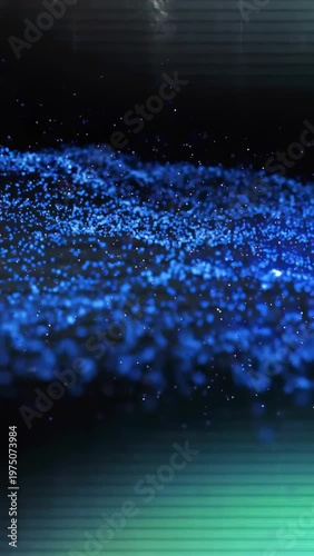 Vertical video: Magenta cubes bursting right causing blue dot wave rippling and adding film grain