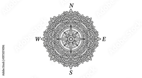 Detailed Ornate Compass Rose Vector Illustration. Intricate Mandala Pattern, Vintage Navigation Symbol for Travel, Direction, Guidance, Adventure.