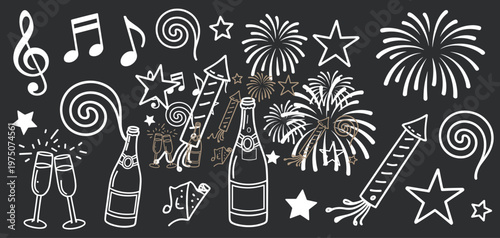 Hand drawn doodle set featuring champagne bottles glasses fireworks rockets stars and musical notes on a dark chalkboard background for new years eve celebration and festive party