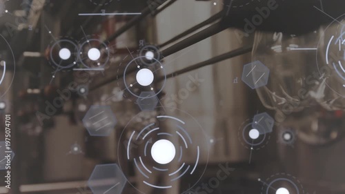 Conveyor moving bottles under nozzles, HUD graphics pulsing and monitoring fill quality in plant