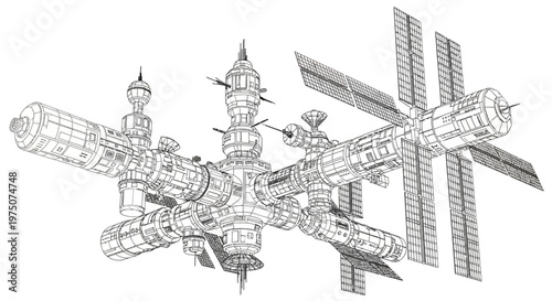 Detailed technical line art drawing of a futuristic space station with multiple modules and solar panels orbiting in space, blueprint style vector graphic.