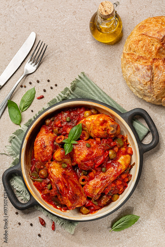 Quadro su tela Chicken Cacciatore, Italian hunter style chicken stew made with  vegetables simmered in a tomato sauce with wine and herbs, olives and capers