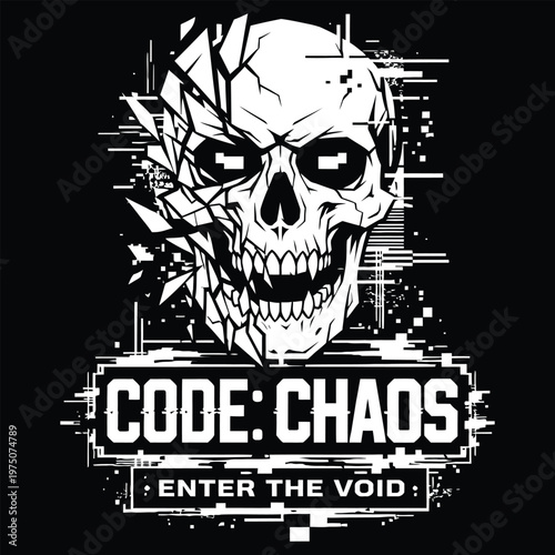 Code chaos glitch skull vector illustration entering the void with science fiction illustration shattered fractured monochrome abstract computer
