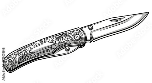 Vintage Engraved Folding Knife Illustration. Ornate Pocket Knife with Classic Blade Design. Detailed Line Art Drawing.