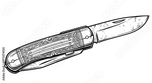 Vintage style folding pocket knife line art illustration. Detailed classic utility knife drawing, black and white sketch.