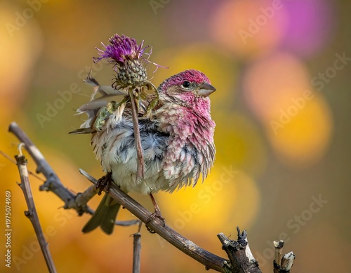 A vibrant bird, predominantly purple and white, perched on a branch, holding a thistle. The background is blurred autumnal colors