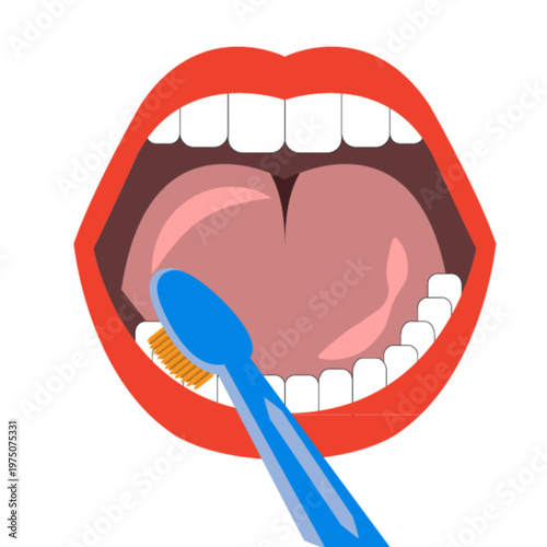 Close-up illustration of a person brushing their teeth with a blue toothbrush, emphasizing oral hygiene and dental care for a healthy smile