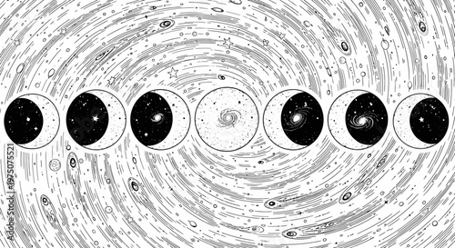 Celestial Moon Phases Illustration with Spiral Galaxies, Starry Sky, and Cosmic Universe Background Design in Black and White